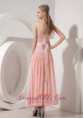 Ankle-length Handmade Light Pink Evening Dress Beaded