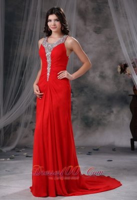 Scoop Beaded Red Chiffon Prom Evening Dress