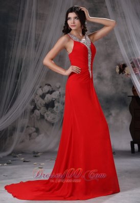 Scoop Beaded Red Chiffon Prom Evening Dress