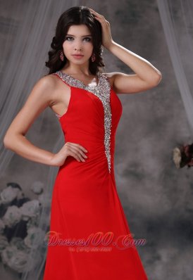 Scoop Beaded Red Chiffon Prom Evening Dress