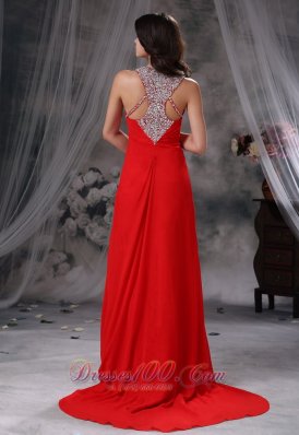 Scoop Beaded Red Chiffon Prom Evening Dress