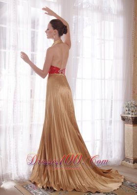 Halter Gold Sash Brush Beaded Rhinestones Prom Dress