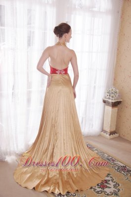 Halter Gold Sash Brush Beaded Rhinestones Prom Dress