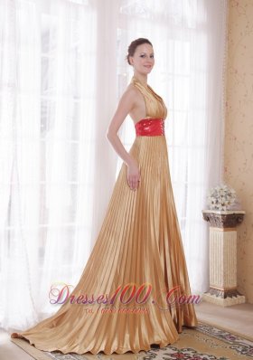 Halter Gold Sash Brush Beaded Rhinestones Prom Dress