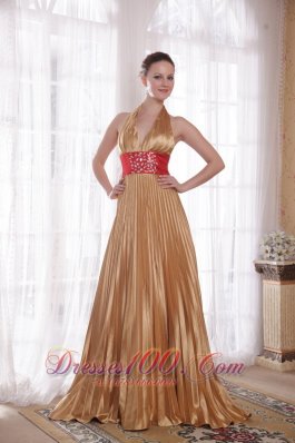 Halter Gold Sash Brush Beaded Rhinestones Prom Dress