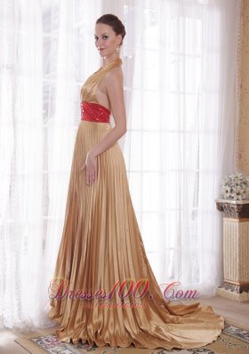 Halter Gold Sash Brush Beaded Rhinestones Prom Dress