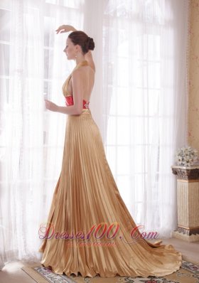 Halter Gold Sash Brush Beaded Rhinestones Prom Dress