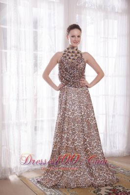 High Neck Leopard Epire Brush Beads Prom Gown