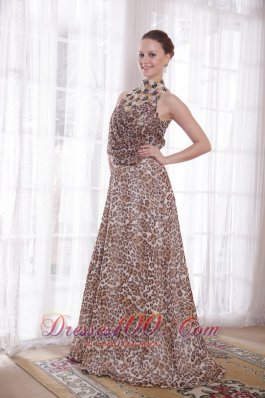 High Neck Leopard Epire Brush Beads Prom Gown