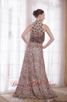 High Neck Leopard Epire Brush Beads Prom Gown