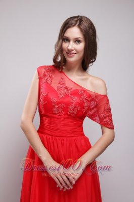 Asymmetrical Brush Cap Sleeves High Slit Red Evening Gown
