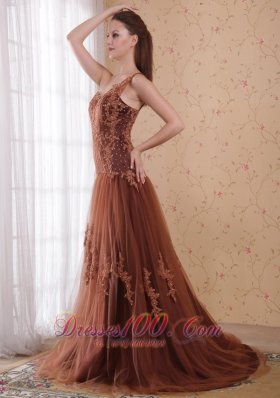 Appliques Tulle Brush One Shoulder Prom Pageant Dress