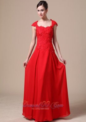 Lace Square Straps Red Column Prom Dress