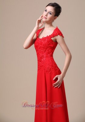 Lace Square Straps Red Column Prom Dress