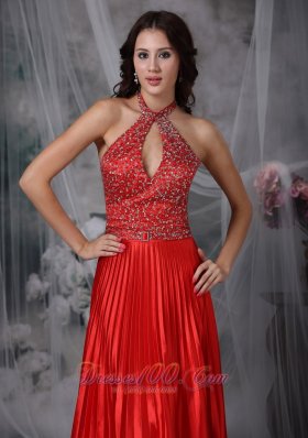 High Neck Kelhole Beads Pleated Prom Gown