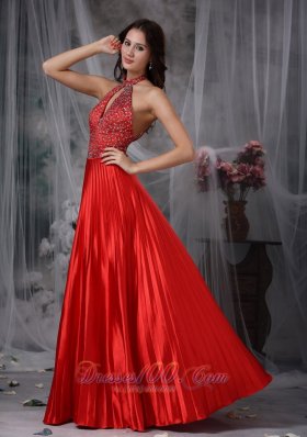 High Neck Kelhole Beads Pleated Prom Gown