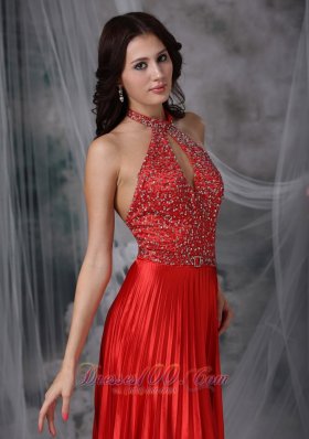 High Neck Kelhole Beads Pleated Prom Gown