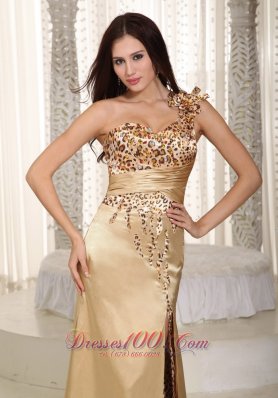 Champagne One Shoulder Leopard Prom Celebrity Dress Beaded