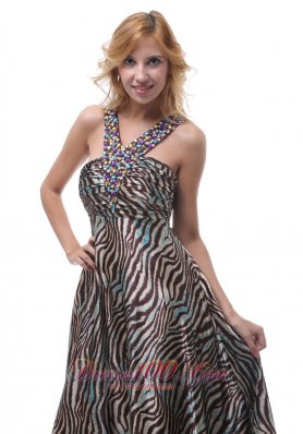 V-neck Zebra Printing Prom Evening Dress Beaded
