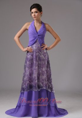 Purple Chiffon Halter Ruched Brush Rrom Dress Printed