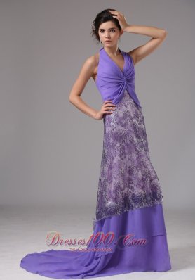 Purple Chiffon Halter Ruched Brush Rrom Dress Printed