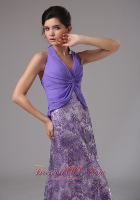 Purple Chiffon Halter Ruched Brush Rrom Dress Printed