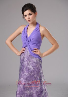 Purple Chiffon Halter Ruched Brush Rrom Dress Printed