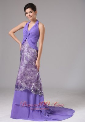 Purple Chiffon Halter Ruched Brush Rrom Dress Printed