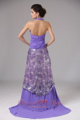 Purple Chiffon Halter Ruched Brush Rrom Dress Printed