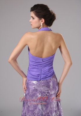 Purple Chiffon Halter Ruched Brush Rrom Dress Printed