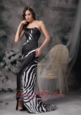 Column Brush Black Zebra Prom Celebrity Dress with Beading