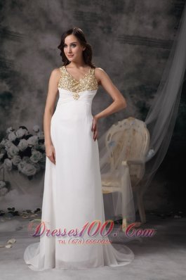 White V-neck Straps Brush Chiffon Wedding Dress Beaded