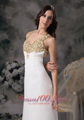 White V-neck Straps Brush Chiffon Wedding Dress Beaded