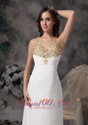 White V-neck Straps Brush Chiffon Wedding Dress Beaded