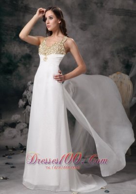 White V-neck Straps Brush Chiffon Wedding Dress Beaded