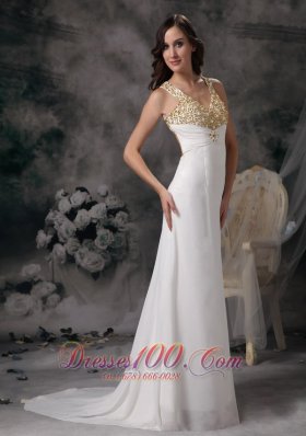 White V-neck Straps Brush Chiffon Wedding Dress Beaded