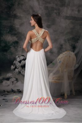 White V-neck Straps Brush Chiffon Wedding Dress Beaded