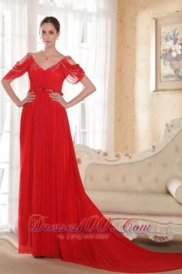 V-neck Red Chiffon Beaded Prom Dress for Celebrity