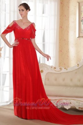 V-neck Red Chiffon Beaded Prom Dress for Celebrity