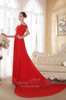 V-neck Red Chiffon Beaded Prom Dress for Celebrity