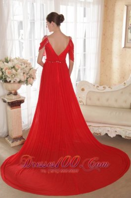 V-neck Red Chiffon Beaded Prom Dress for Celebrity