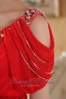 V-neck Red Chiffon Beaded Prom Dress for Celebrity