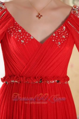 V-neck Red Chiffon Beaded Prom Dress for Celebrity