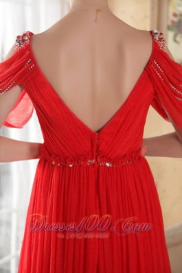 V-neck Red Chiffon Beaded Prom Dress for Celebrity