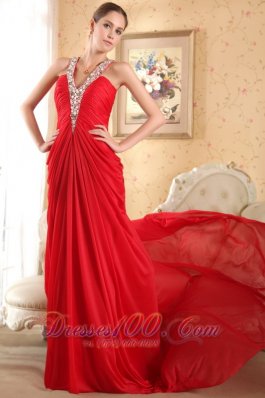 Halter V-neck Red Prom Dress Side Draping Chapel Train