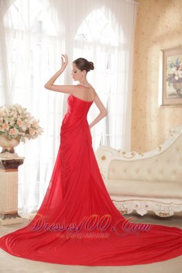 Halter V-neck Red Prom Dress Side Draping Chapel Train