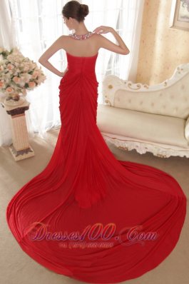 Halter V-neck Red Prom Dress Side Draping Chapel Train