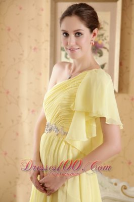 Light Yellow Asymmetrical Shoulder Evening Dress Court Train