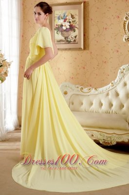 Light Yellow Asymmetrical Shoulder Evening Dress Court Train