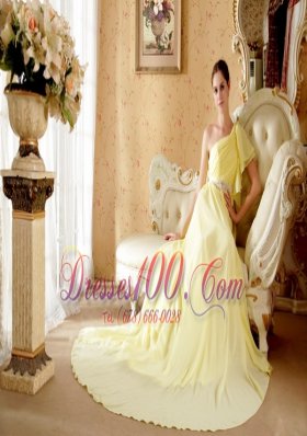 Light Yellow Asymmetrical Shoulder Evening Dress Court Train